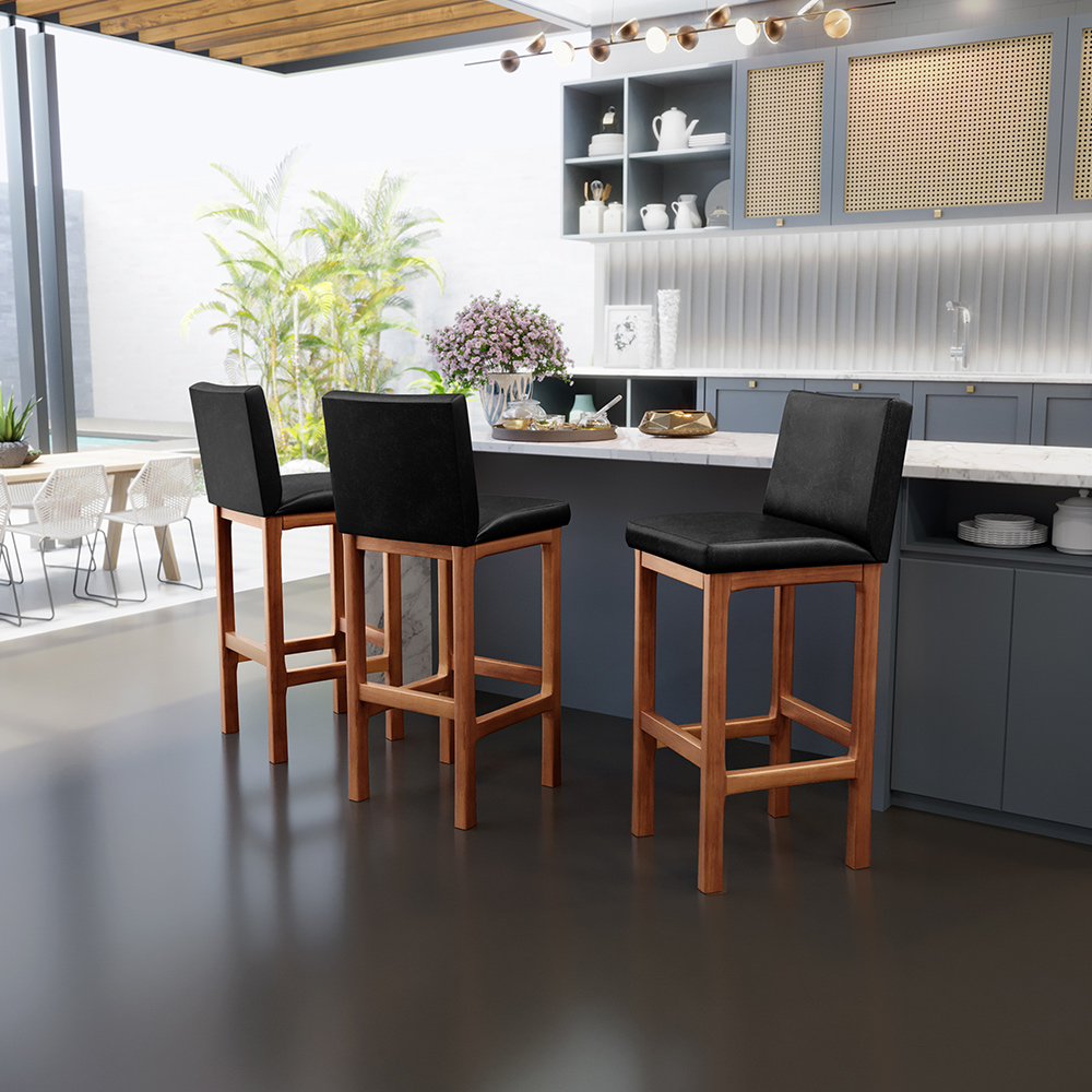 Banqueta Alta Para Cozinha Sala De Jantar Fixa Alya L02 Couríssimo Preto - Lyam Decor