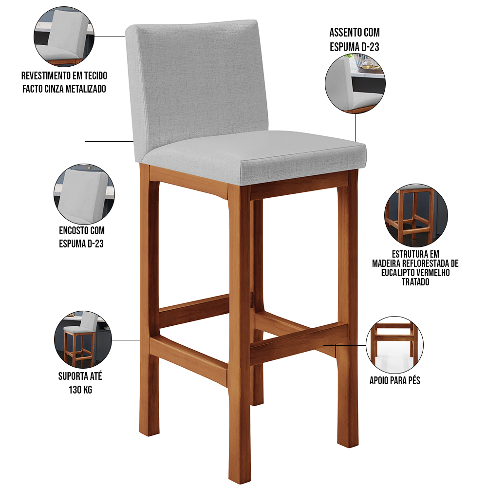 Banqueta Alta Para Cozinha Sala De Jantar Fixa Alya L02 Facto Cinza Metalizado - Lyam Decor