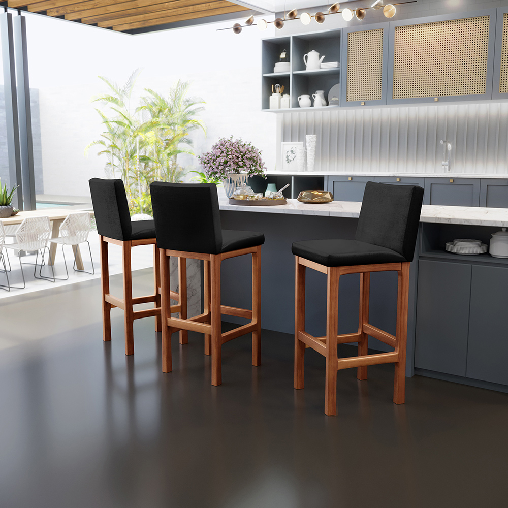 Banqueta Alta Para Cozinha Sala De Jantar Fixa Alya L02 Facto Preto Metalizado - Lyam Decor