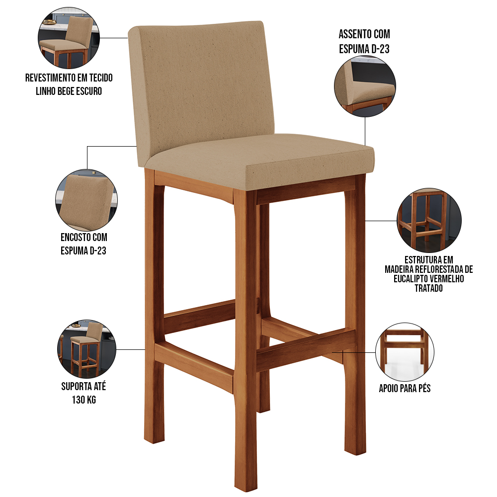 Banqueta Alta Para Cozinha Sala De Jantar Fixa Alya L02 Linho Bege Escuro - Lyam Decor