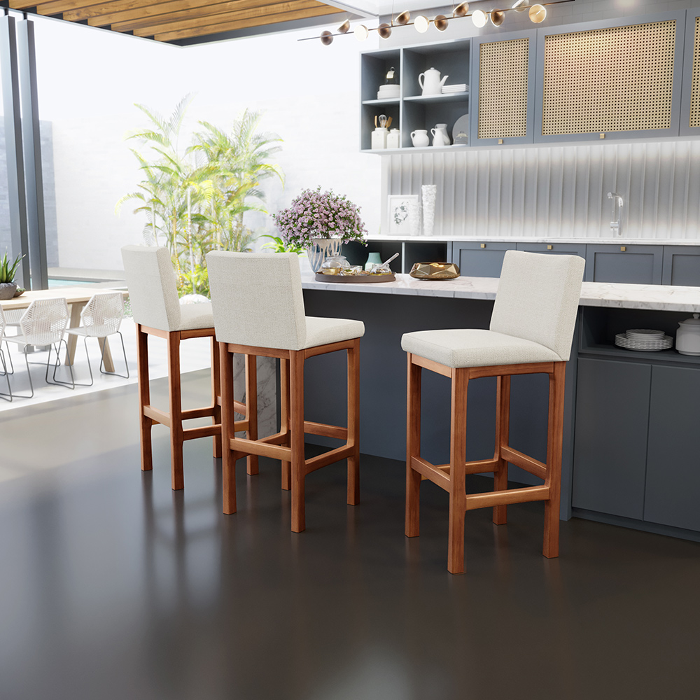 Banqueta Alta Para Cozinha Sala De Jantar Fixa Alya L02 Linho Champagne - Lyam Decor