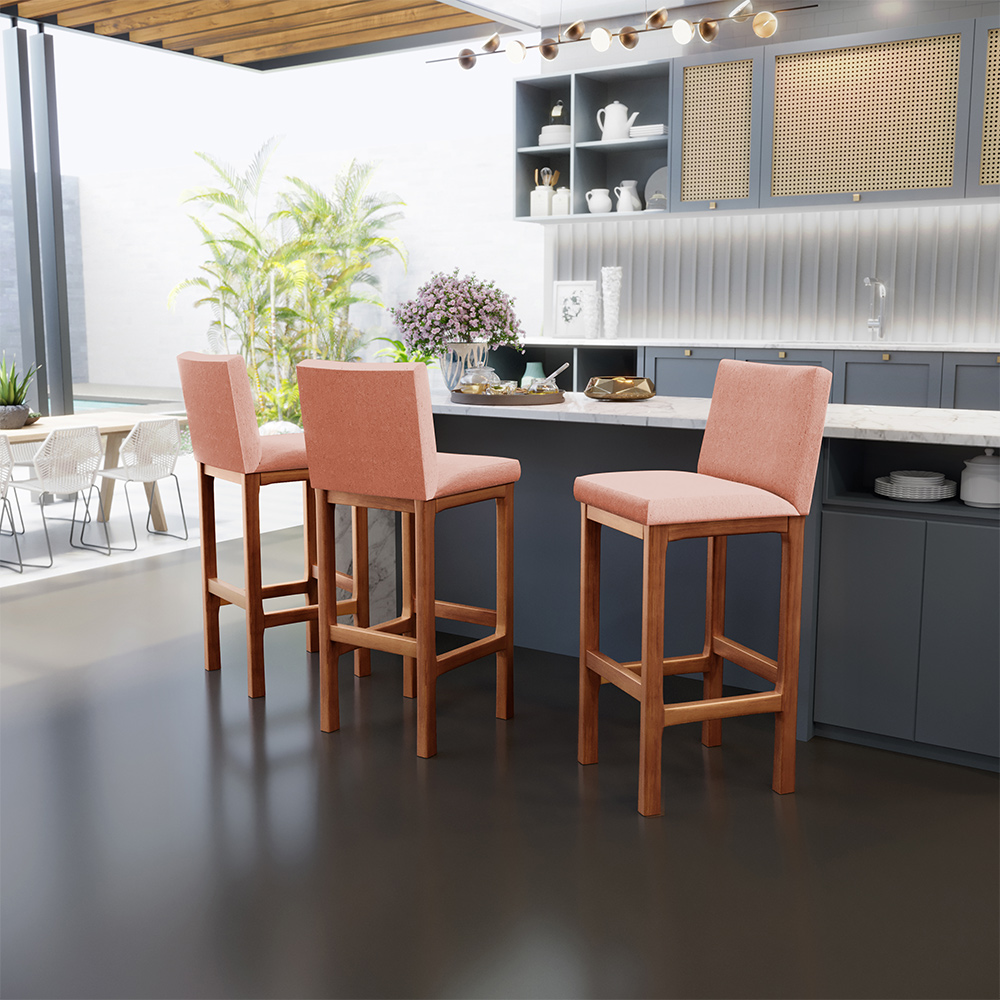 Banqueta Alta Para Cozinha Sala De Jantar Fixa Alya L02 Linho Rosê - Lyam Decor
