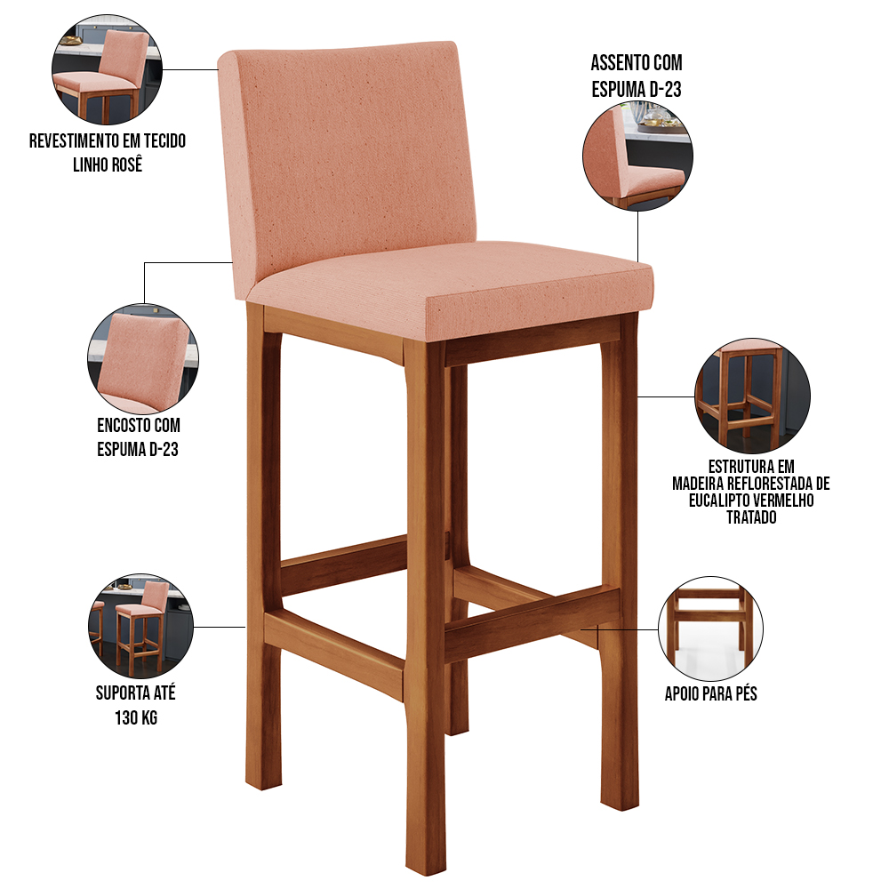 Banqueta Alta Para Cozinha Sala De Jantar Fixa Alya L02 Linho Rosê - Lyam Decor