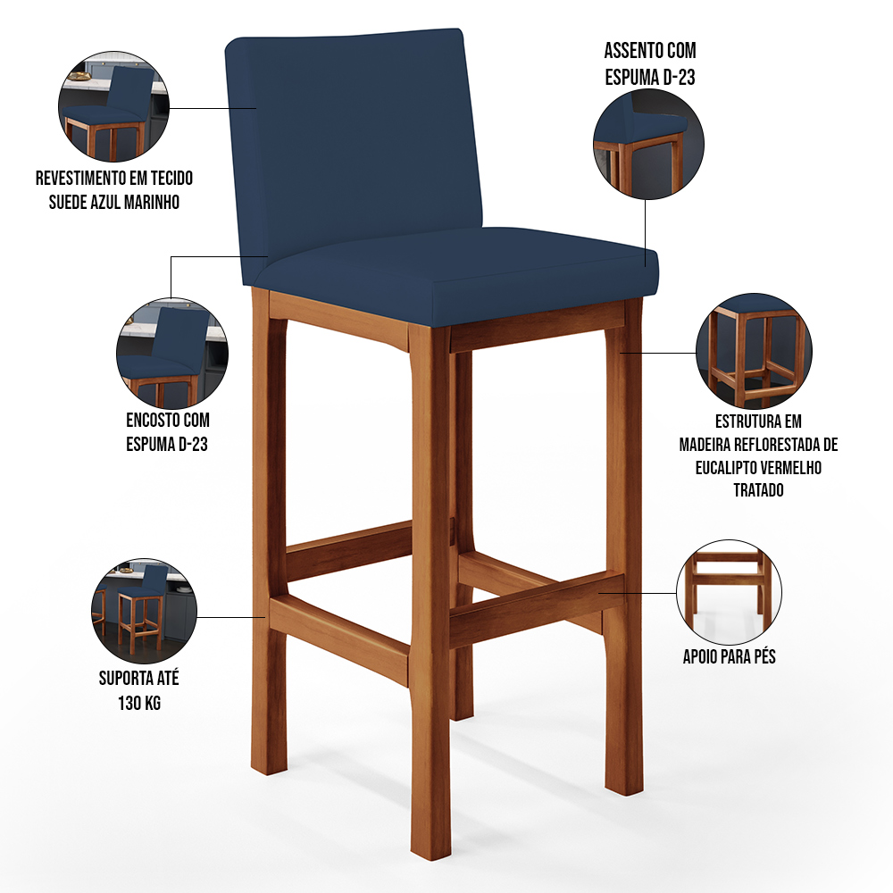 Banqueta Alta Para Cozinha Sala De Jantar Fixa Alya L02 Suede Azul Marinho - Lyam Decor