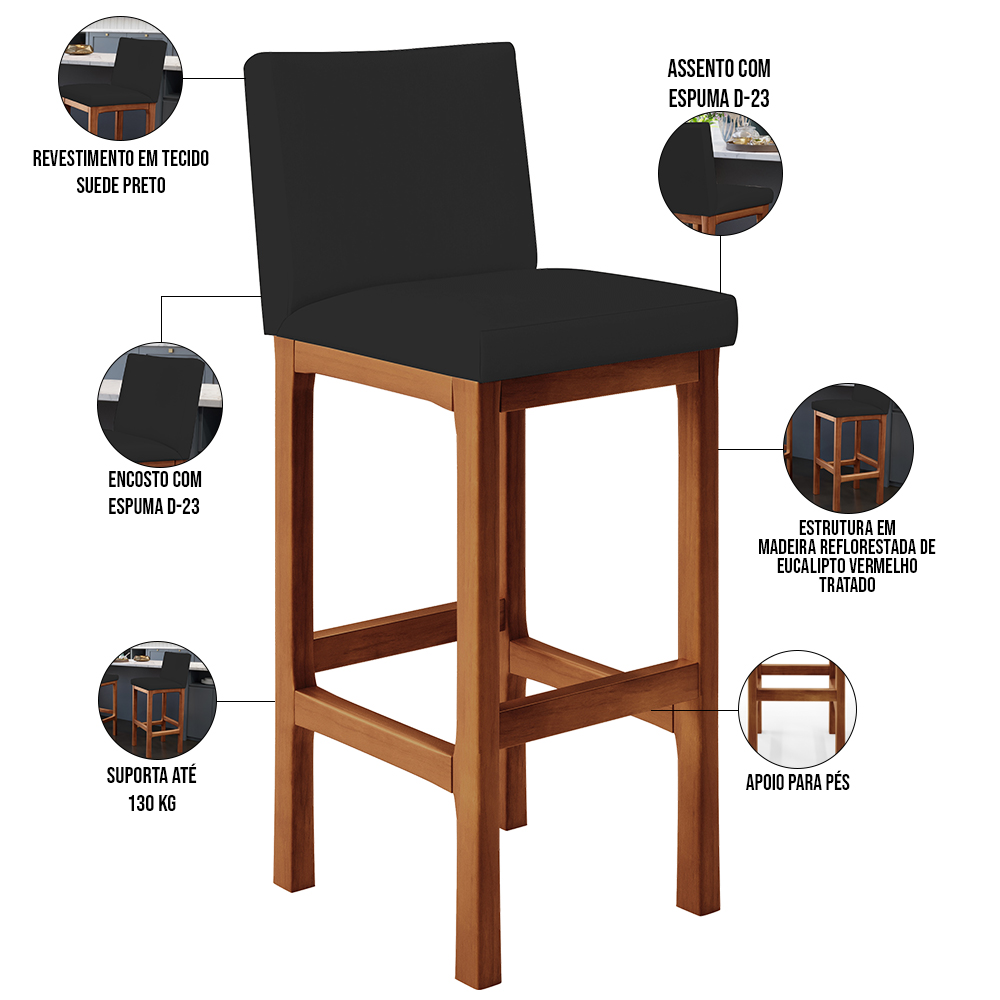 Banqueta Alta Para Cozinha Sala De Jantar Fixa Alya L02 Suede Preto - Lyam Decor