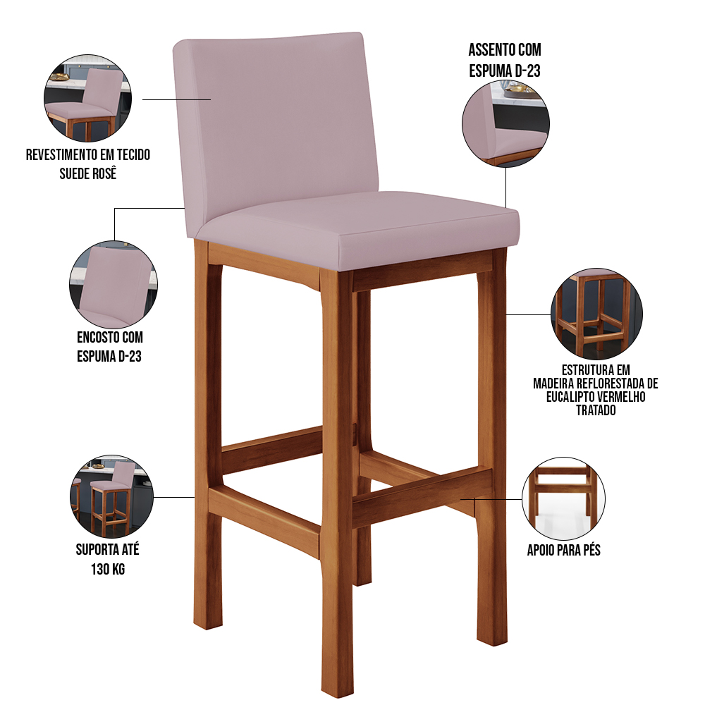 Banqueta Alta Para Cozinha Sala De Jantar Fixa Alya L02 Suede Rosê - Lyam Decor