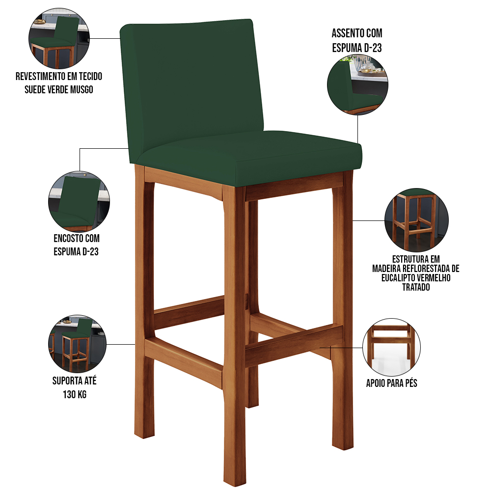 Banqueta Alta Para Cozinha Sala De Jantar Fixa Alya L02 Suede Verde Musgo - Lyam Decor