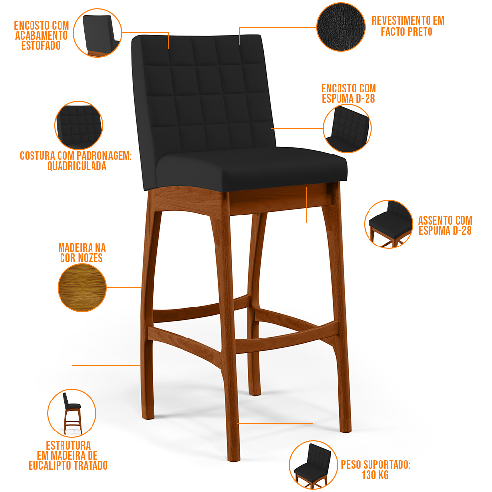 Banqueta Alta Para Cozinha Sala De Jantar Fixa Mila B04 Facto Preto Fosco - Lyam Decor
