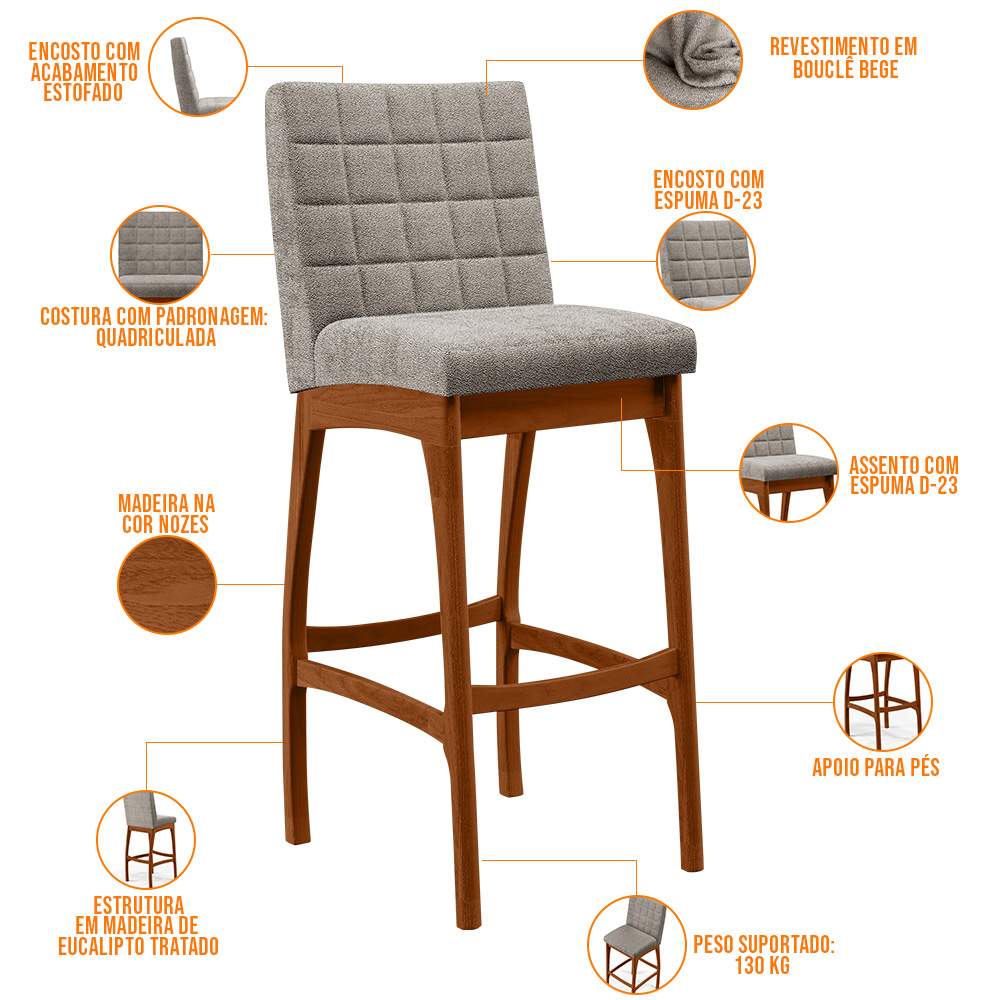 Banqueta Alta Para Cozinha Sala De Jantar Fixa Mila L02 Bouclê Bege - Lyam Decor