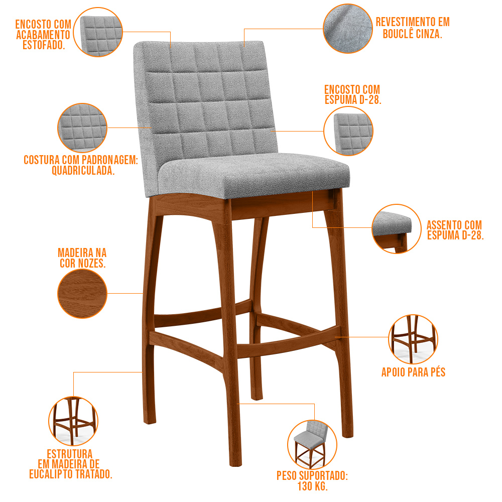 Banqueta Alta Para Cozinha Sala De Jantar Fixa Mila L02 Bouclê Cinza - Lyam Decor