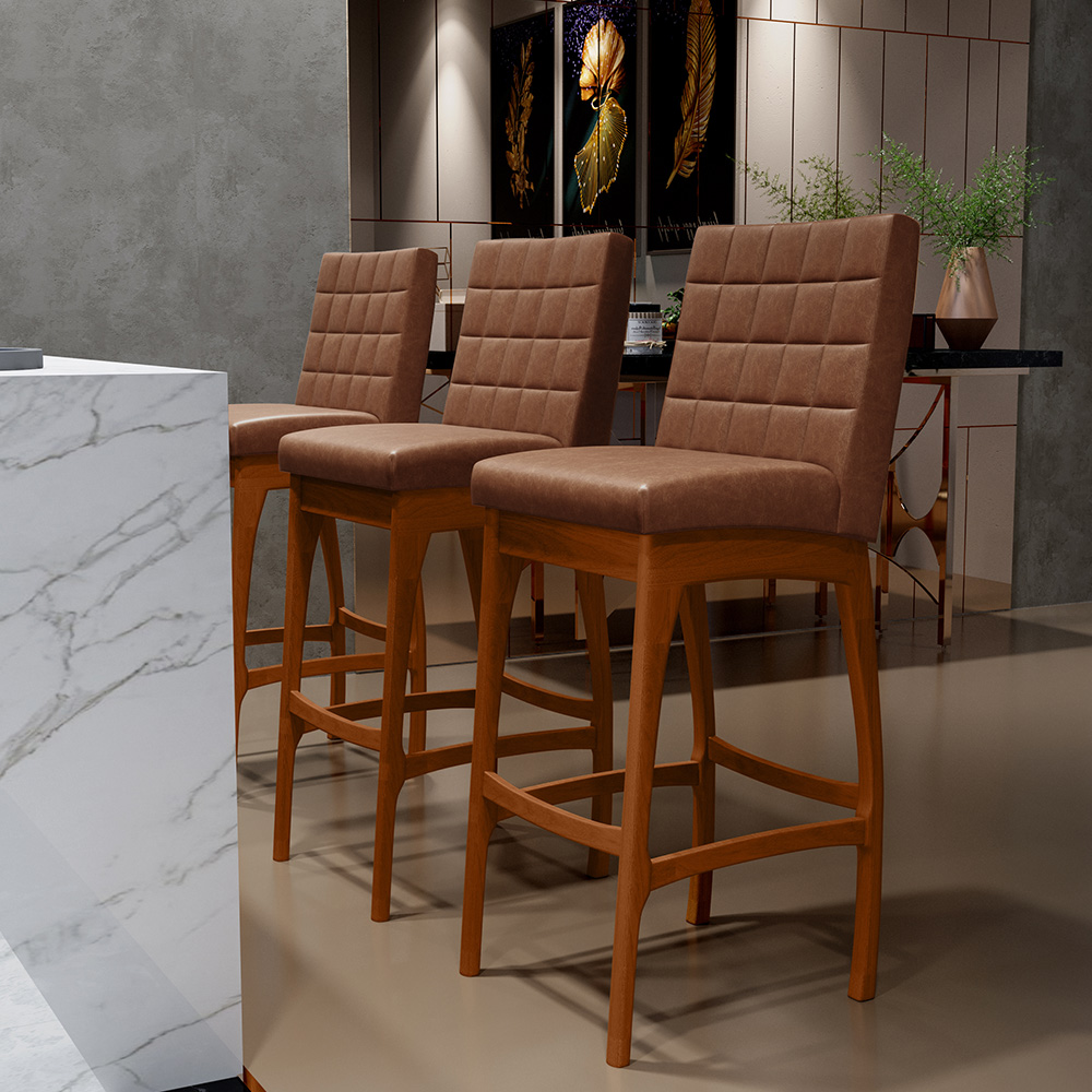 Banqueta Alta Para Cozinha Sala De Jantar Fixa Mila L02 Couríssimo Marrom - Lyam Decor