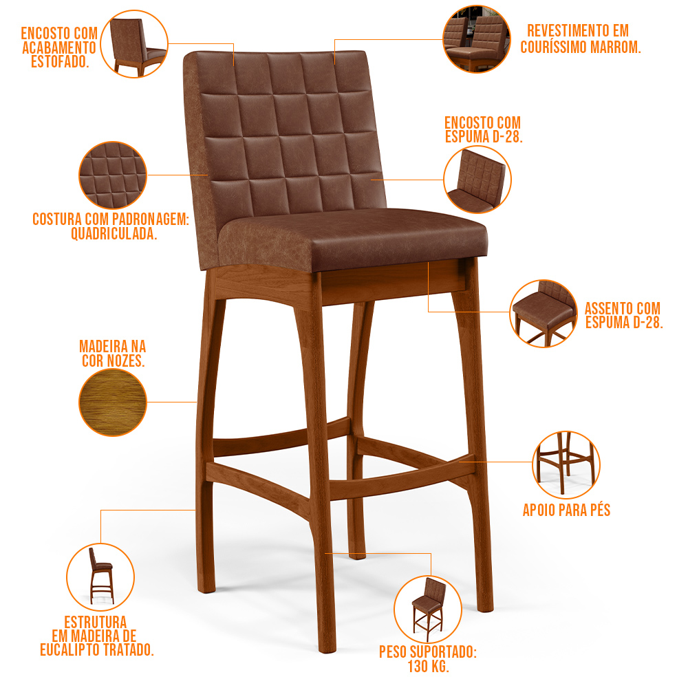 Banqueta Alta Para Cozinha Sala De Jantar Fixa Mila L02 Couríssimo Marrom - Lyam Decor