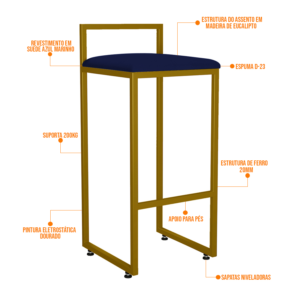 Banqueta Alta Para Cozinha Sala De Jantar Hanna L02 Dourado Suede Azul Marinho - Lyam Decor