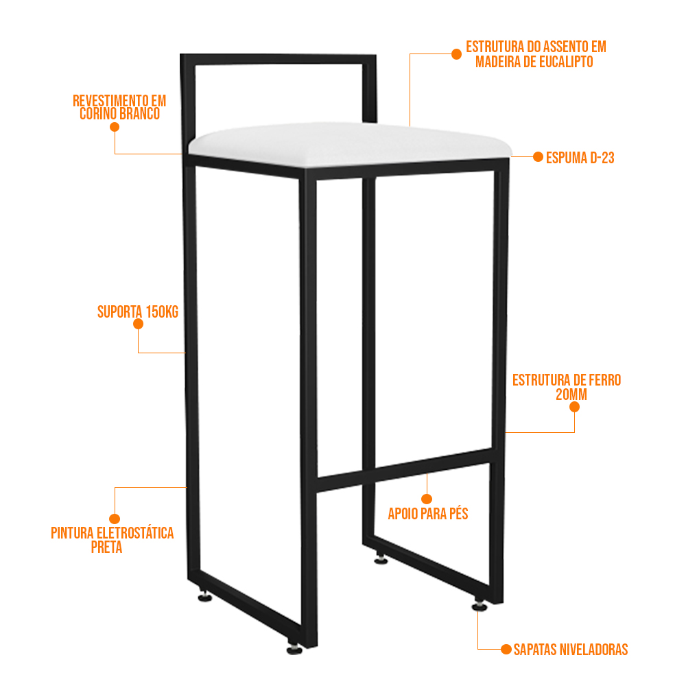 Banqueta Alta Para Cozinha Sala De Jantar Hanna L02 Preto Corano Branco - Lyam Decor
