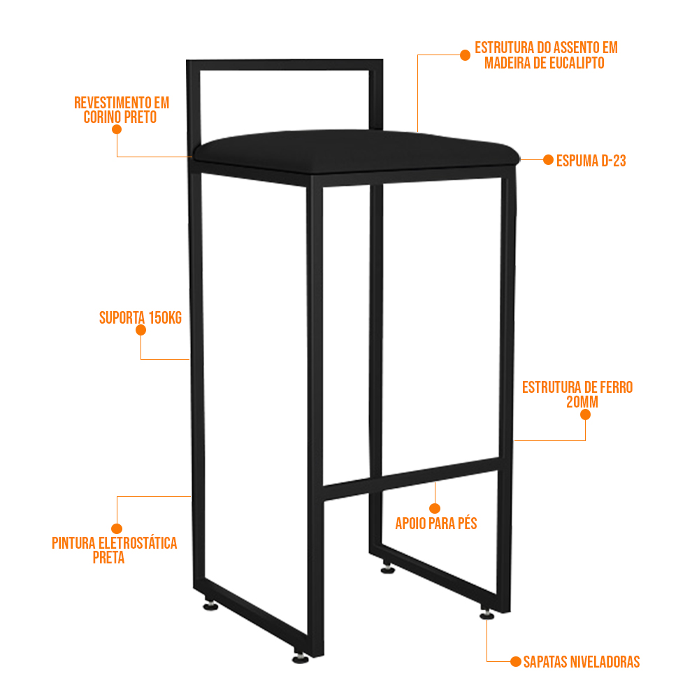 Banqueta Alta Para Cozinha Sala De Jantar Hanna L02 Preto Corano Preto - Lyam Decor