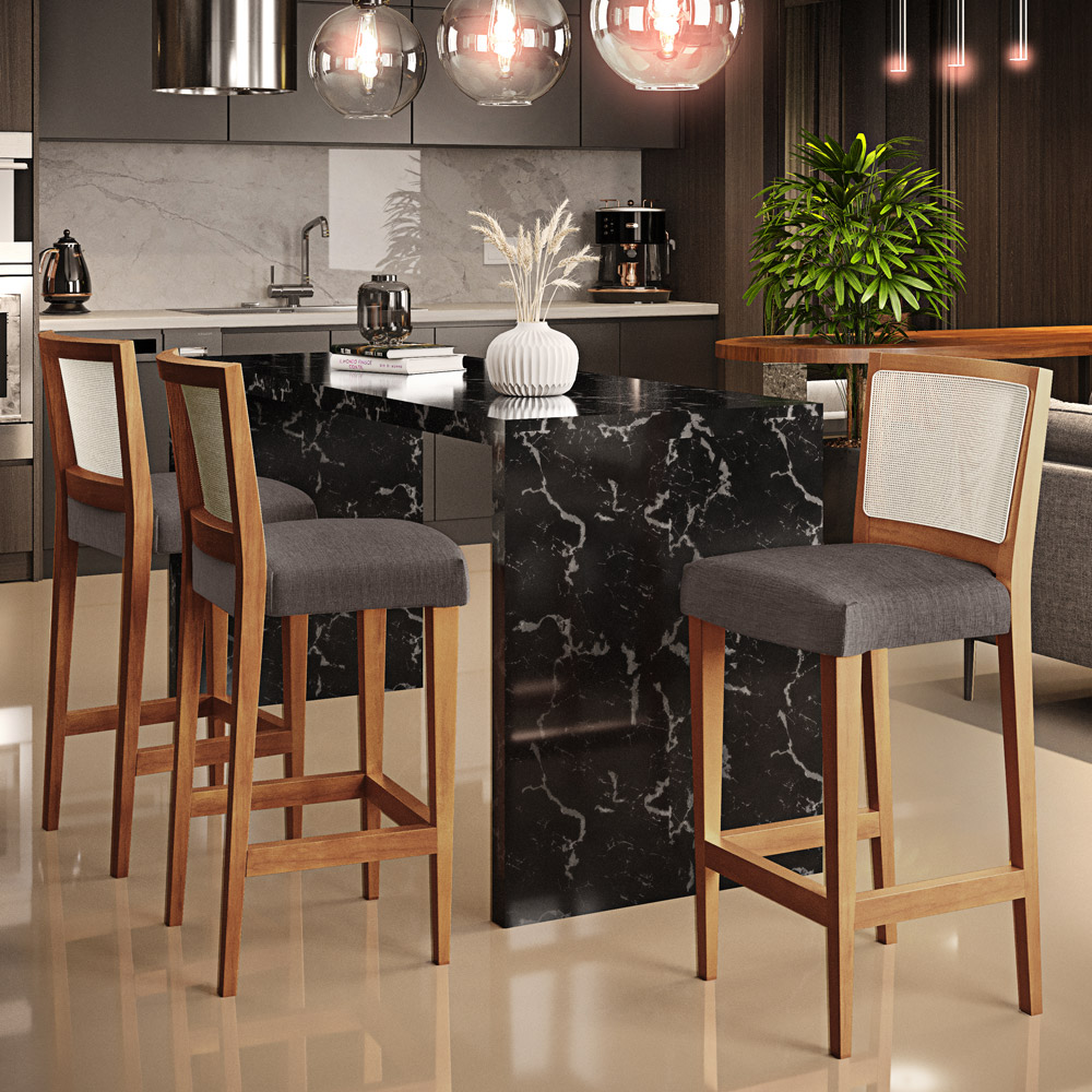 Banqueta Alta Para Cozinha Sala Encosto em Tela Branco Zion L02 Linho Cinza Escuro - Lyam Decor
