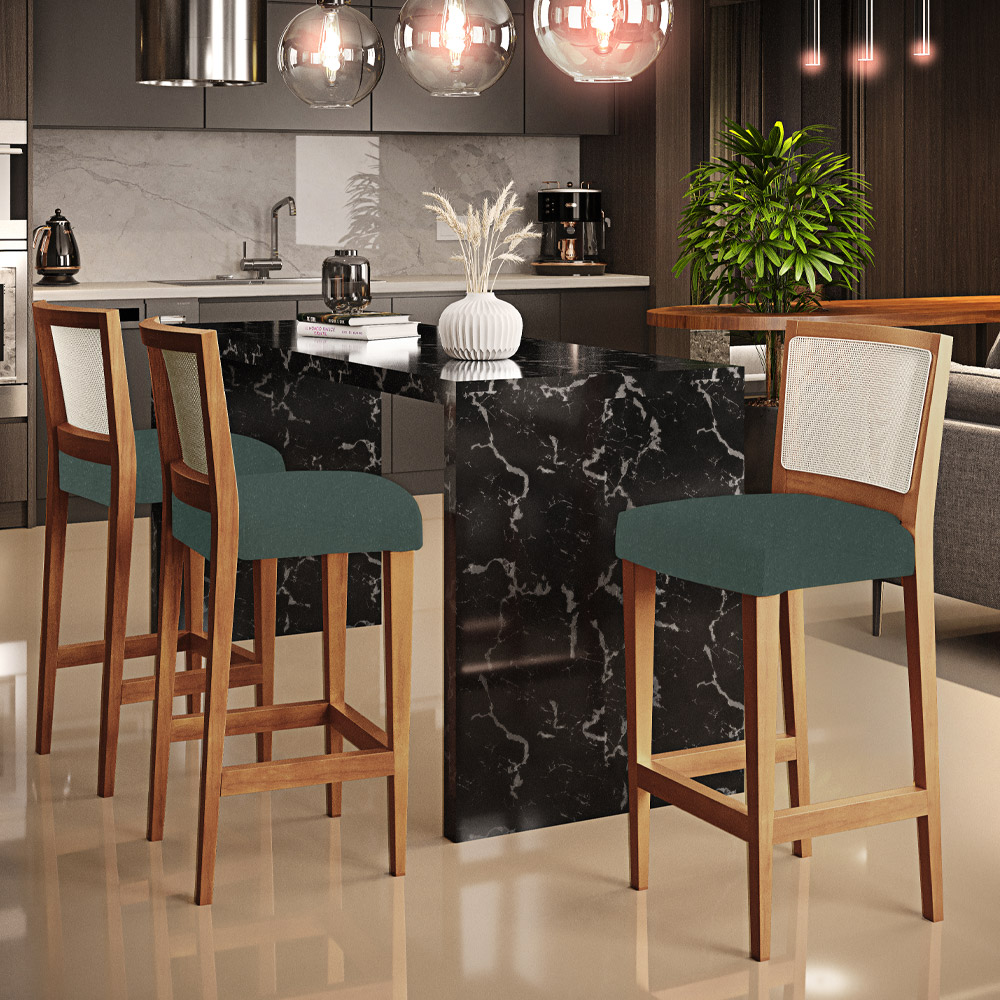 Banqueta Alta Para Cozinha Sala Encosto em Tela Branco Zion L02 Linho Verde Musgo - Lyam Decor