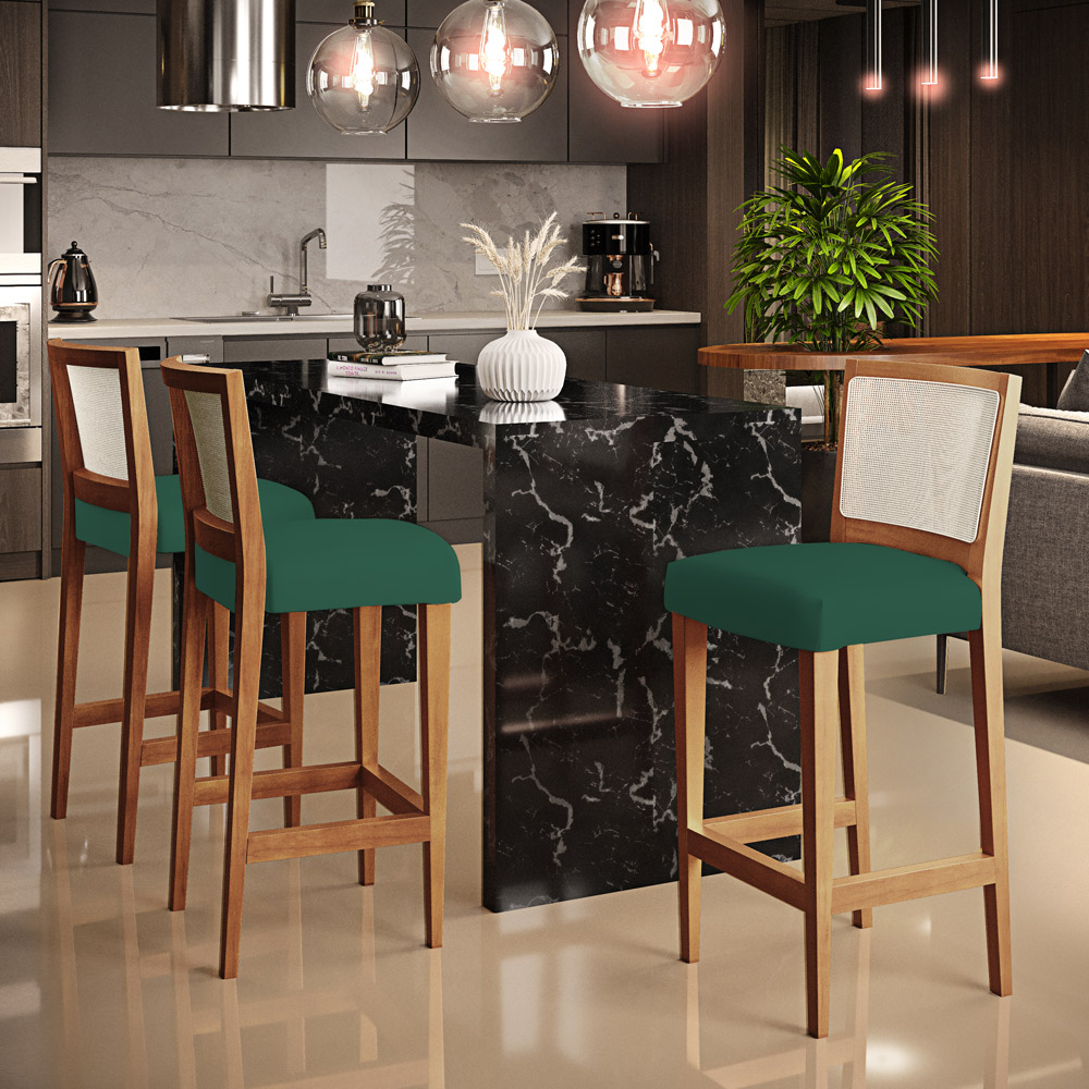 Banqueta Alta Para Cozinha Sala Encosto em Tela Branco Zion L02 Suede Verde Musgo - Lyam Decor