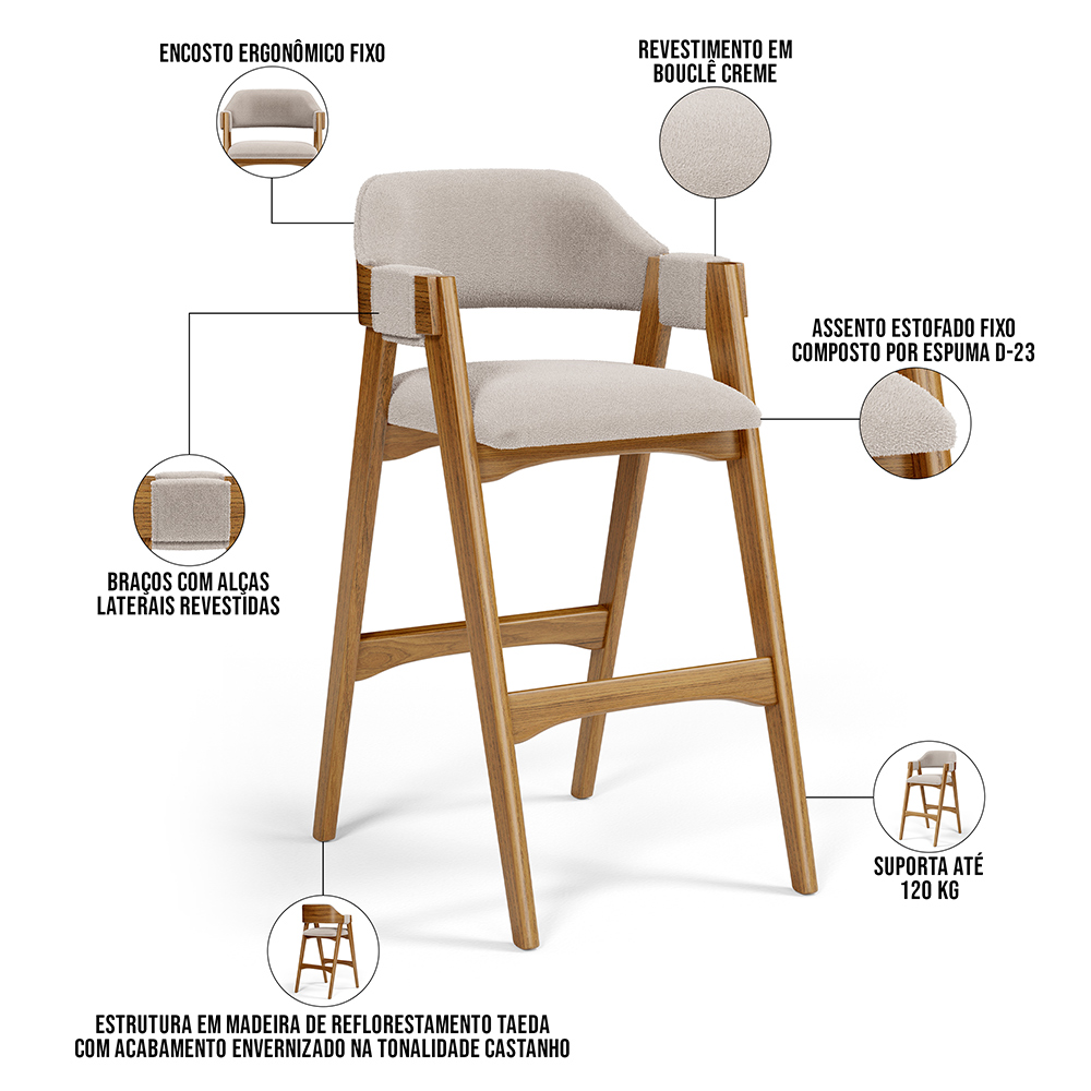 Banqueta Alta Para Cozinha Sala de Jantar Bar Suran L02 Bouclê Creme - Lyam Decor