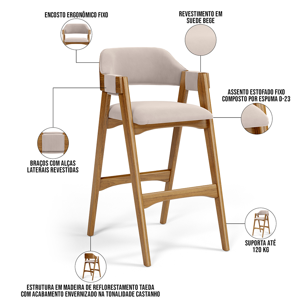 Banqueta Alta Para Cozinha Sala de Jantar Bar Suran L02 Suede Bege - Lyam Decor