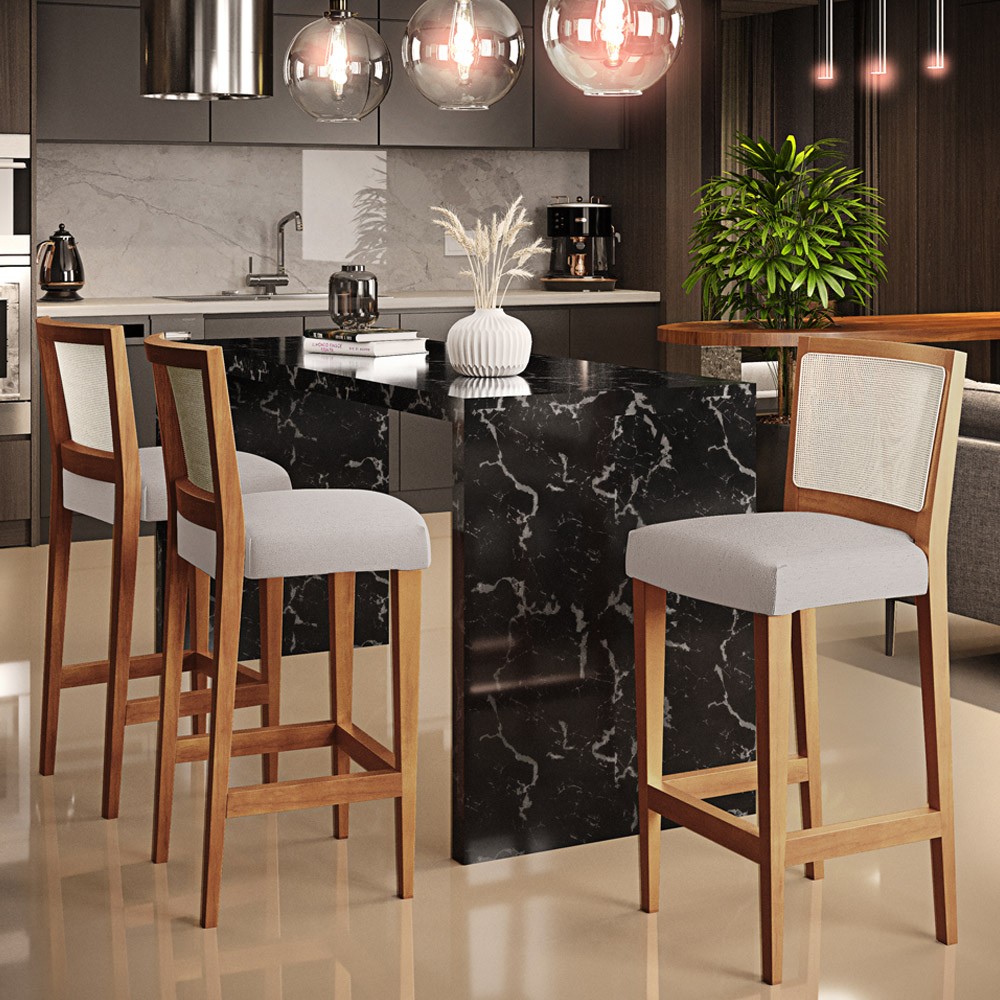 Banqueta Alta Para Cozinha Sala de Jantar Encosto em Tela Branco Zion L02 Linho Bege - Lyam Decor