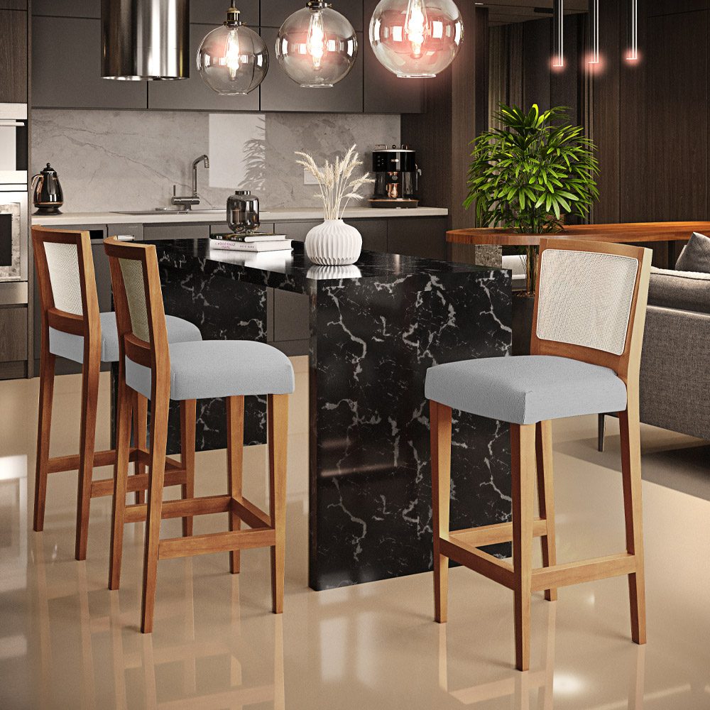 Banqueta Alta Para Cozinha Sala de Jantar Encosto em Tela Branco Zion L02 Linho Cinza - Lyam Decor