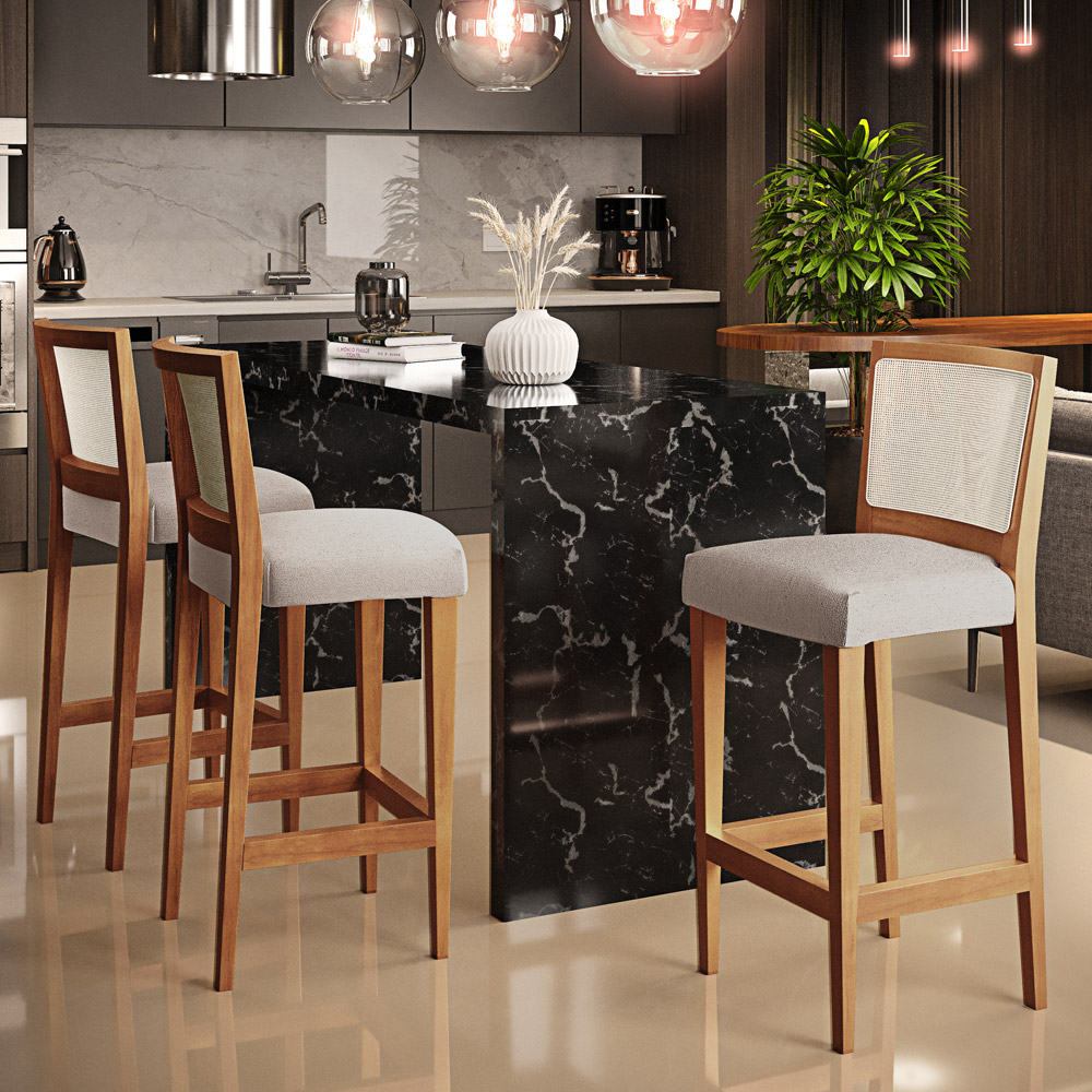 Banqueta Alta Para Cozinha Sala de Jantar Encosto em Tela Branco Zion L02 Linho Cru - Lyam Decor