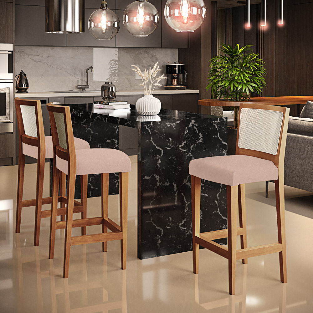 Banqueta Alta Para Cozinha Sala de Jantar Encosto em Tela Branco Zion L02 Linho Rosê - Lyam Decor