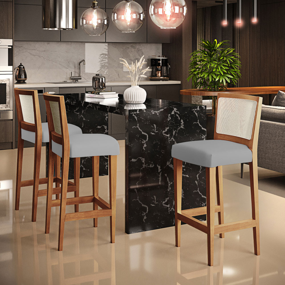 Banqueta Alta Para Cozinha Sala de Jantar Encosto em Tela Branco Zion L02 Suede Cinza - Lyam Decor