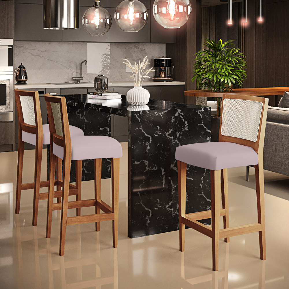 Banqueta Alta Para Cozinha Sala de Jantar Encosto em Tela Branco Zion L02 Suede Rosê - Lyam Decor