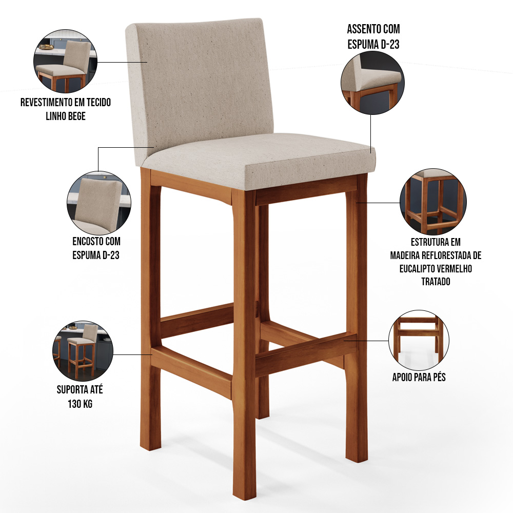 Banqueta Alta Para Cozinha Sala de Jantar Fixa Alya L02 Linho Bege - Lyam Decor