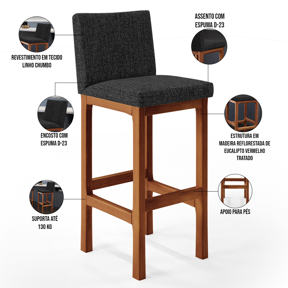 Banqueta Alta Para Cozinha Sala de Jantar Fixa Alya L02 Linho Chumbo - Lyam Decor