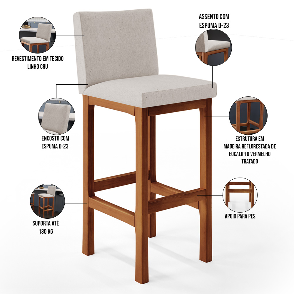 Banqueta Alta Para Cozinha Sala de Jantar Fixa Alya L02 Linho Cru - Lyam Decor