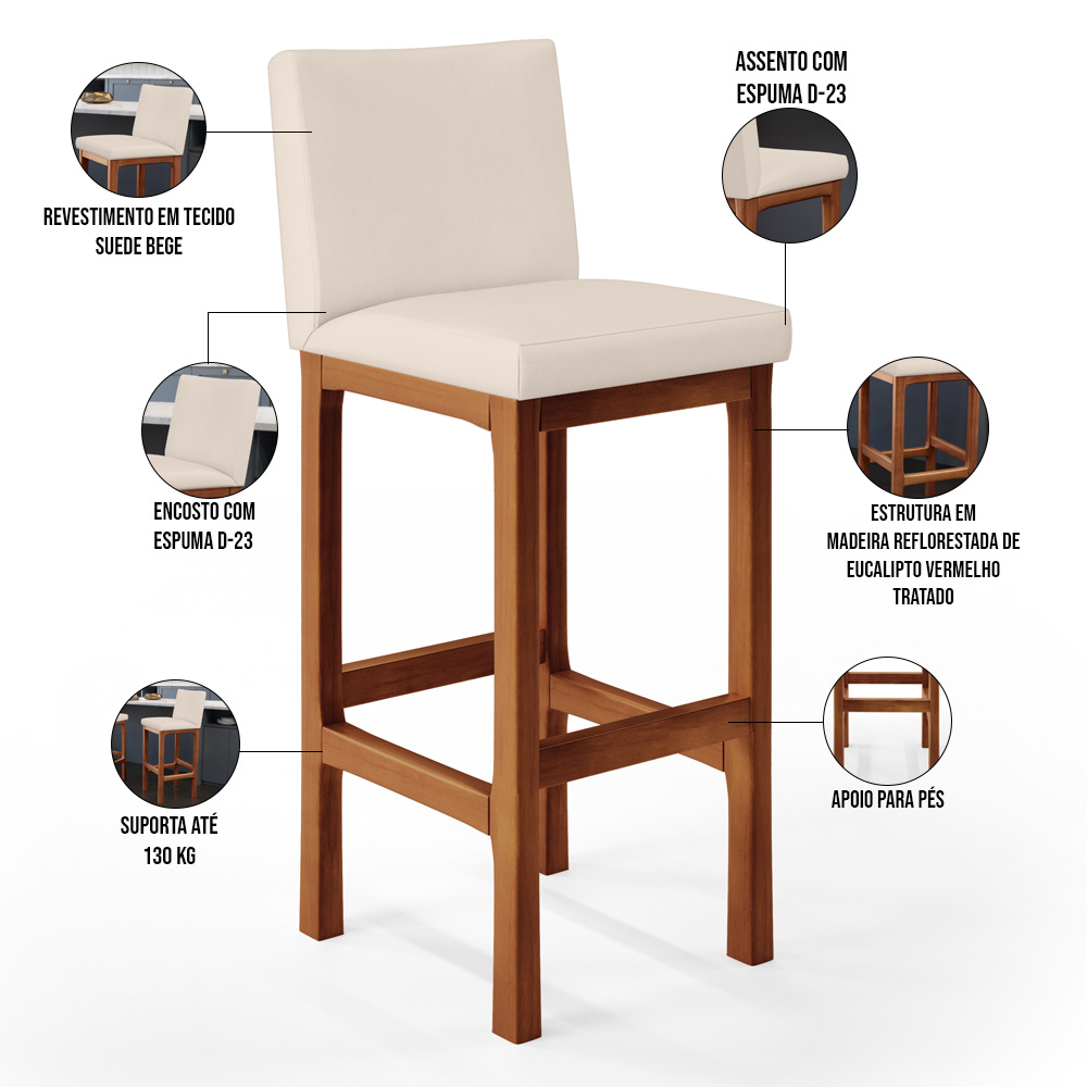 Banqueta Alta Para Cozinha Sala de Jantar Fixa Alya L02 Suede Bege - Lyam Decor
