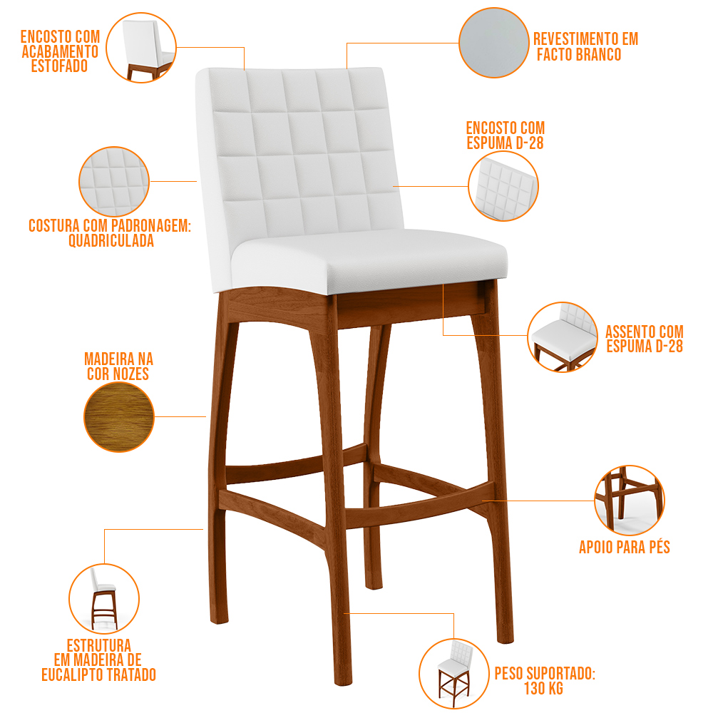 Banqueta Alta Para Cozinha Sala de Jantar Fixa Mila B04 Facto Branco Fosco - Lyam Decor