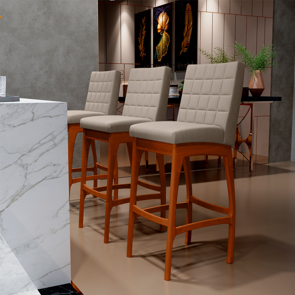 Banqueta Alta Para Cozinha Sala de Jantar Fixa Mila B04 Linho Bege - Lyam Decor