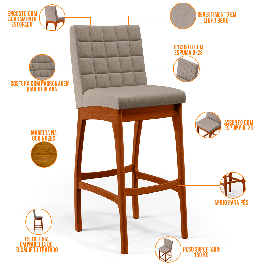 Banqueta Alta Para Cozinha Sala de Jantar Fixa Mila B04 Linho Bege - Lyam Decor