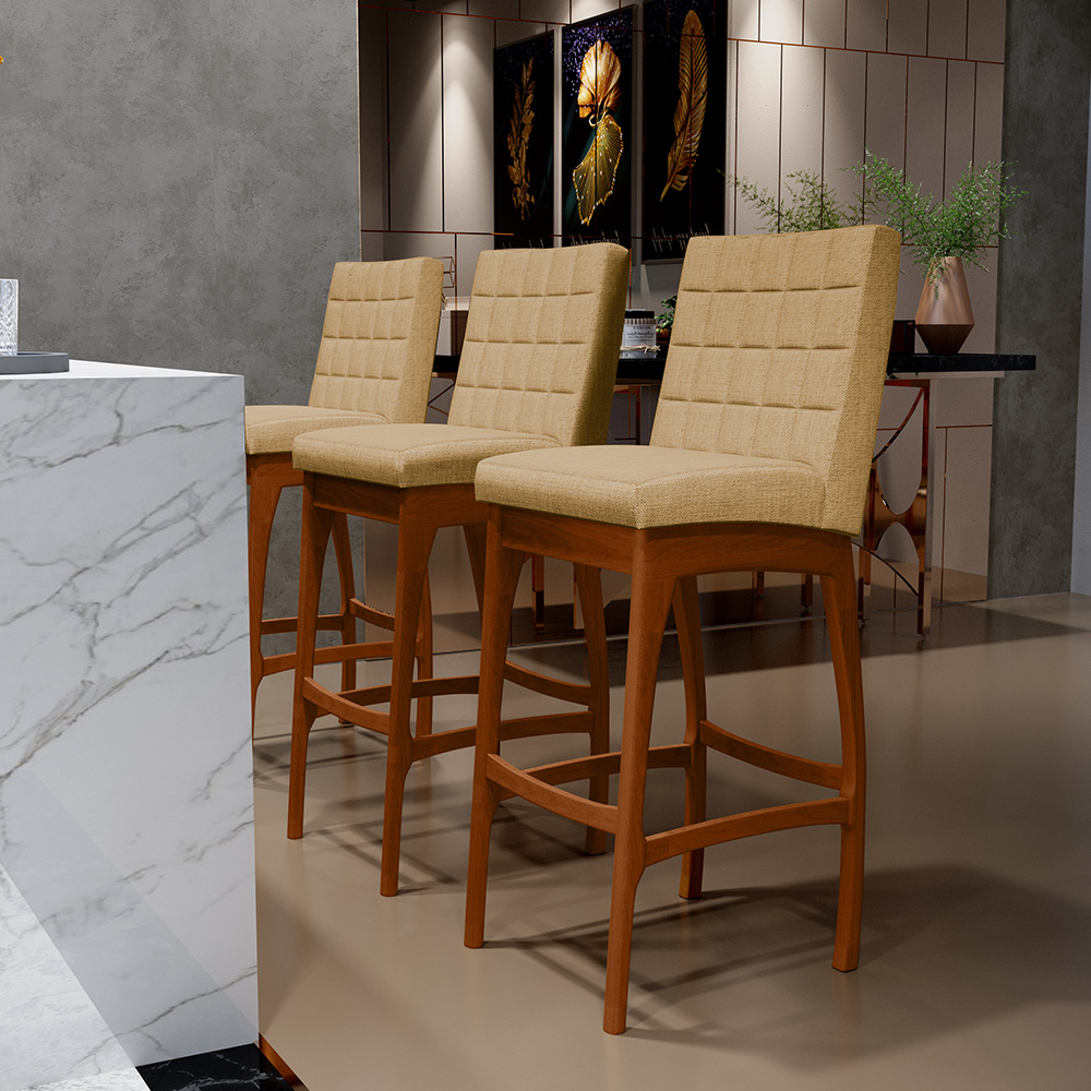 Banqueta Alta Para Cozinha Sala de Jantar Fixa Mila B04 Linho Bege Escuro - Lyam Decor