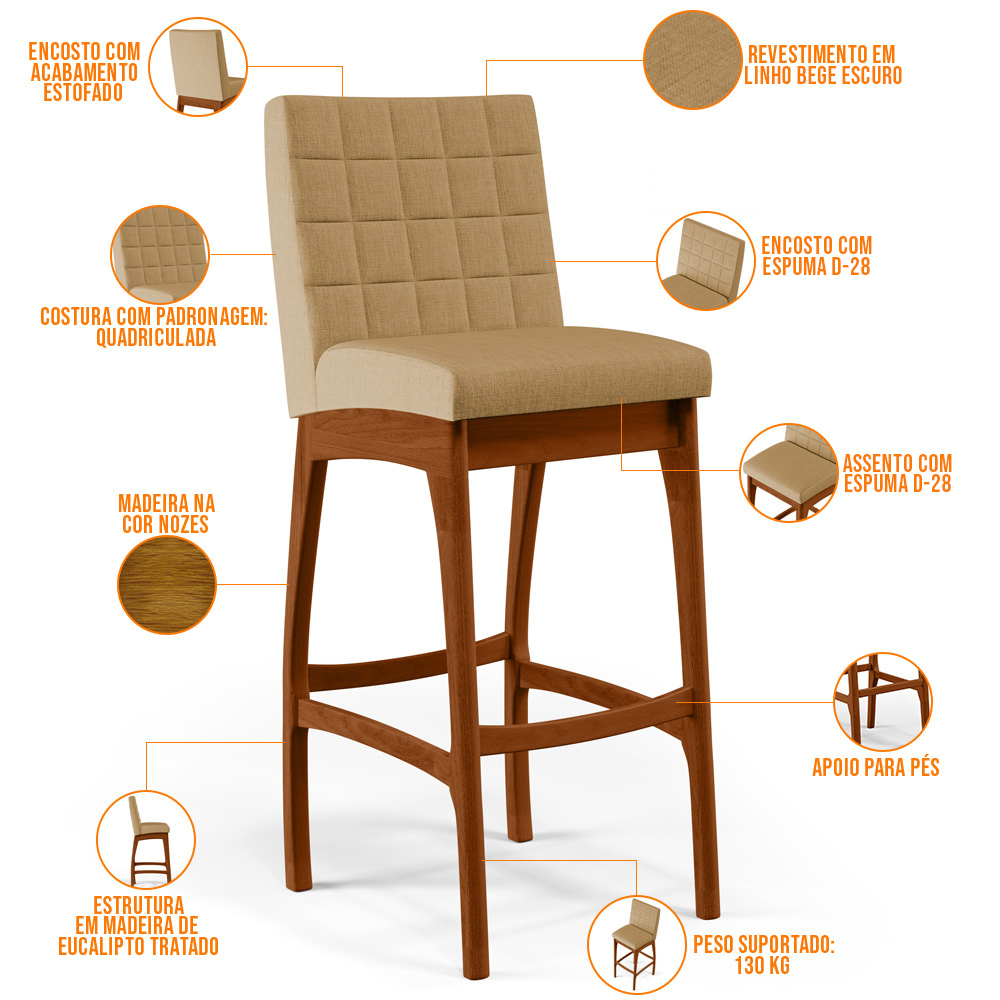 Banqueta Alta Para Cozinha Sala de Jantar Fixa Mila B04 Linho Bege Escuro - Lyam Decor