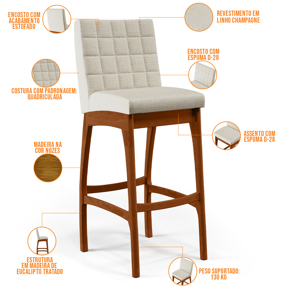 Banqueta Alta Para Cozinha Sala de Jantar Fixa Mila B04 Linho Champagne - Lyam Decor