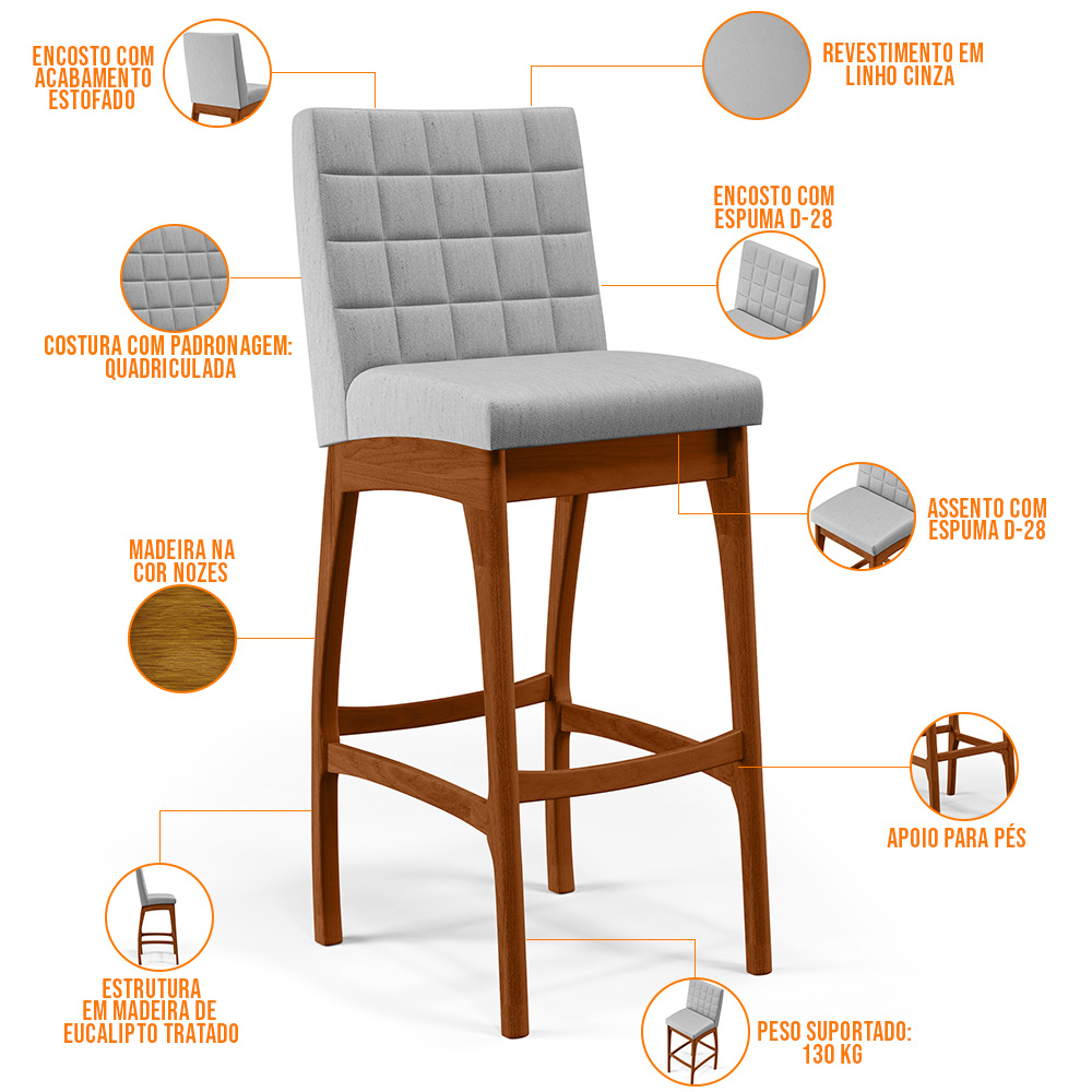 Banqueta Alta Para Cozinha Sala de Jantar Fixa Mila B04 Linho Cinza - Lyam Decor