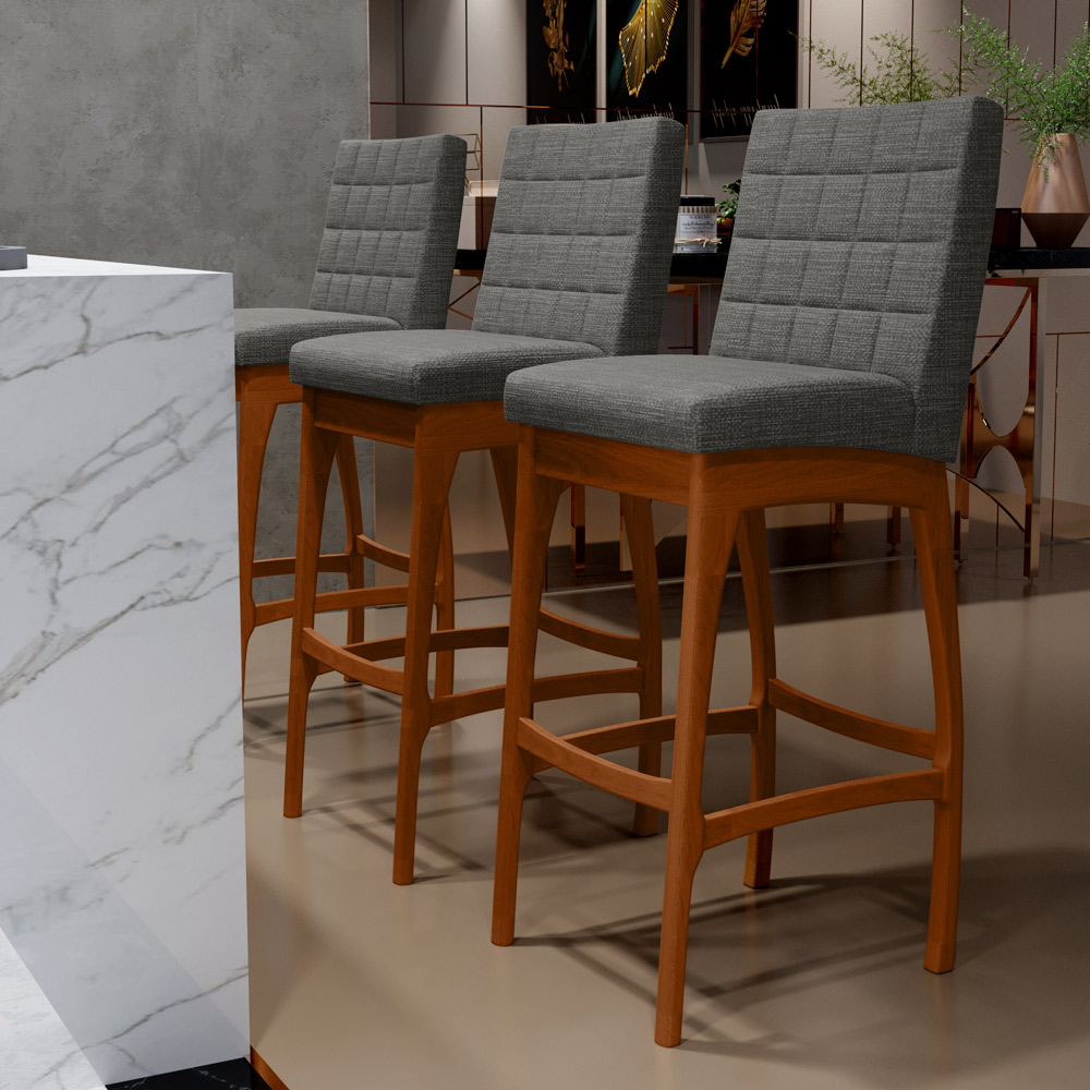 Banqueta Alta Para Cozinha Sala de Jantar Fixa Mila B04 Linho Cinza Escuro - Lyam Decor