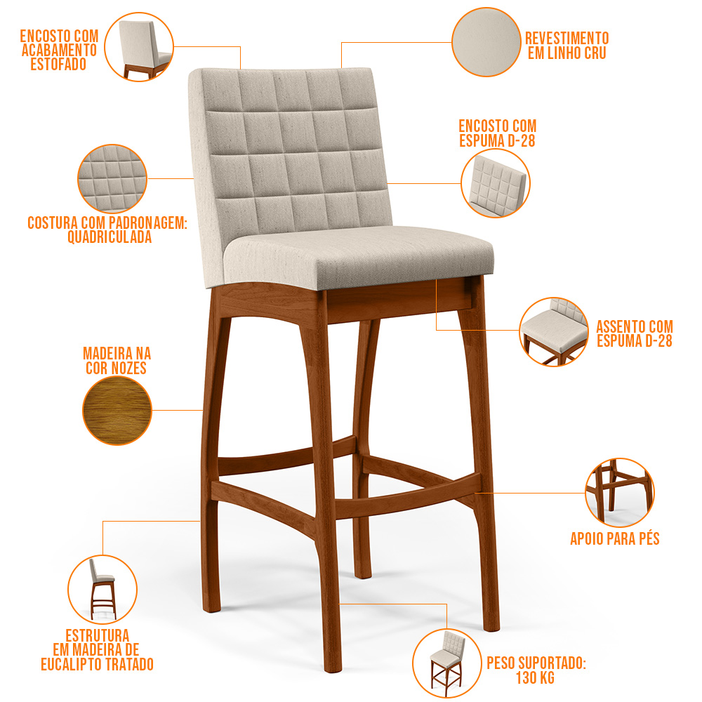 Banqueta Alta Para Cozinha Sala de Jantar Fixa Mila B04 Linho Cru - Lyam Decor