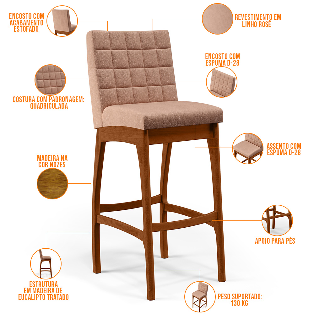 Banqueta Alta Para Cozinha Sala de Jantar Fixa Mila B04 Linho Rosê - Lyam Decor
