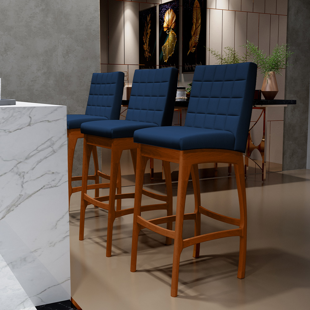 Banqueta Alta Para Cozinha Sala de Jantar Fixa Mila B04 Suede Azul Marinho - Lyam Decor