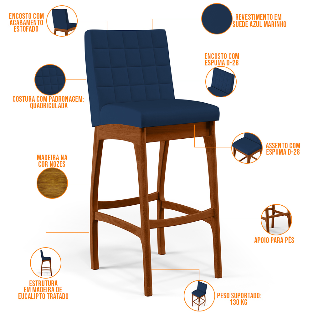 Banqueta Alta Para Cozinha Sala de Jantar Fixa Mila B04 Suede Azul Marinho - Lyam Decor