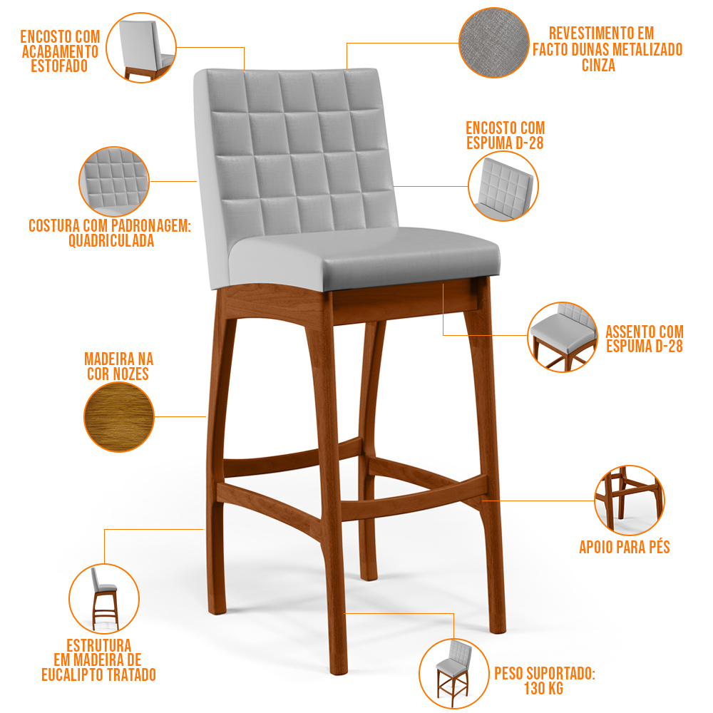 Banqueta Alta Para Cozinha Sala de Jantar Fixa Mila L02 Facto Cinza Metalizado - Lyam Decor