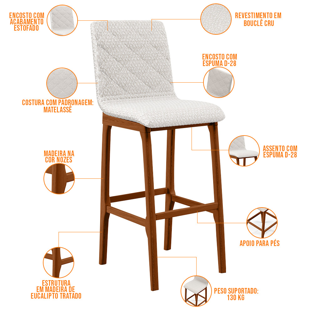 Banqueta Alta Para Cozinha Sala de Jantar Fixa Zoe B04 Bouclê Cru - Lyam Decor