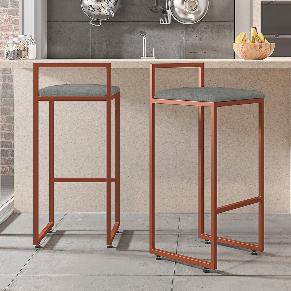 Banqueta Alta Para Cozinha Sala de Jantar Hanna L02 Bronze Linho Cinza Escuro - Lyam Decor