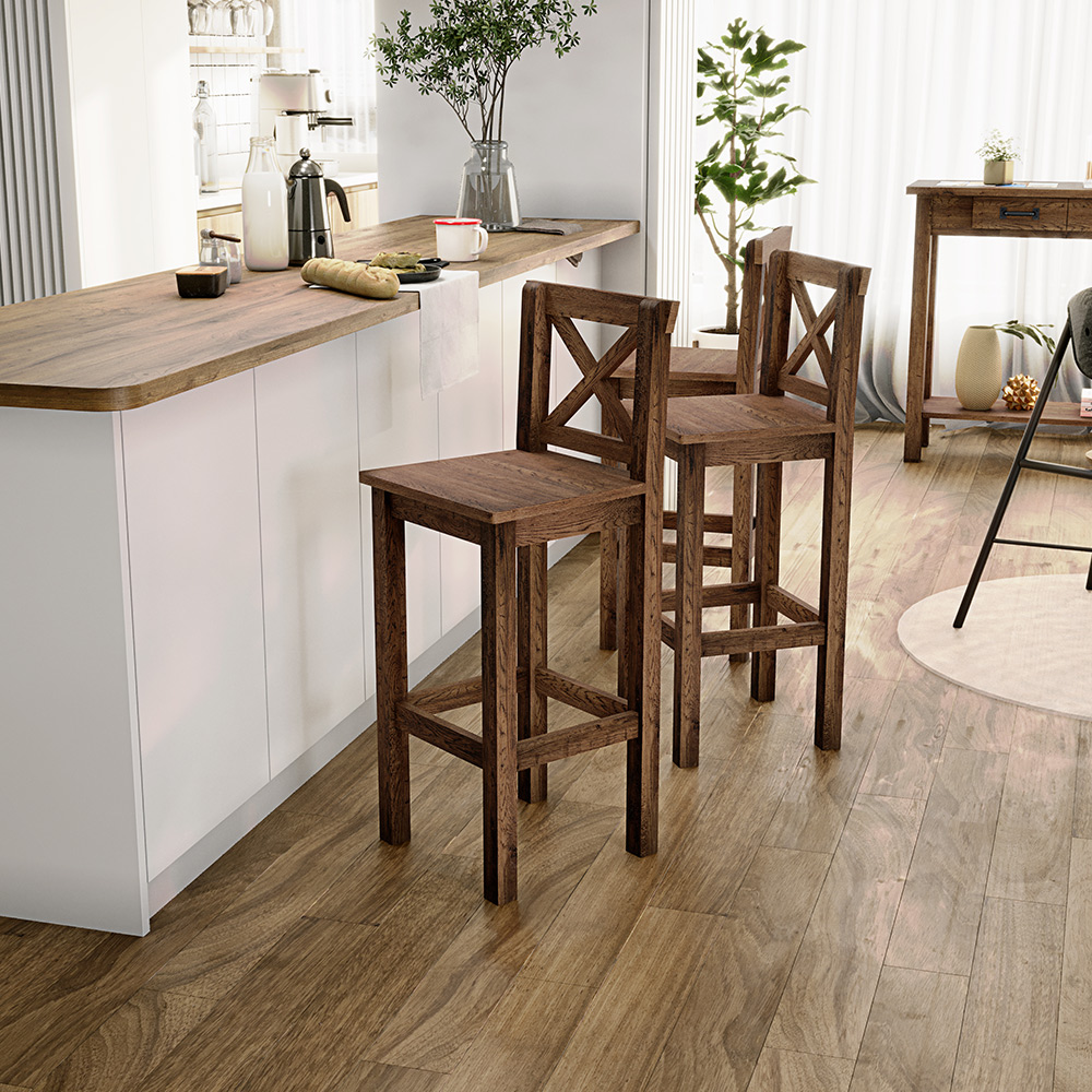 Banqueta Alta Rústica Com Encosto Arizona Base Fixa de Madeira Maciça Pinus W02 Imbuia - Lyam Decor